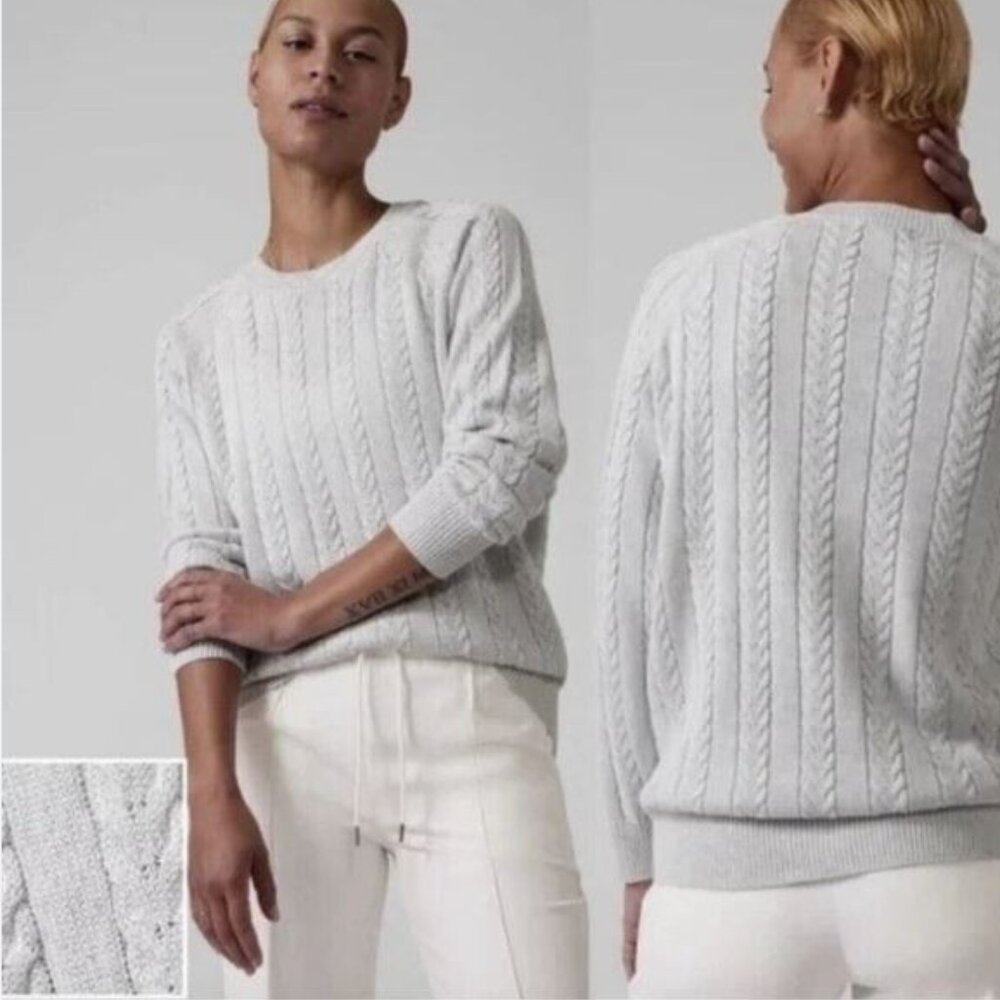 Athleta Crossroads Crew Sweater Women's Size S Cable Knit Merino Blend Silver